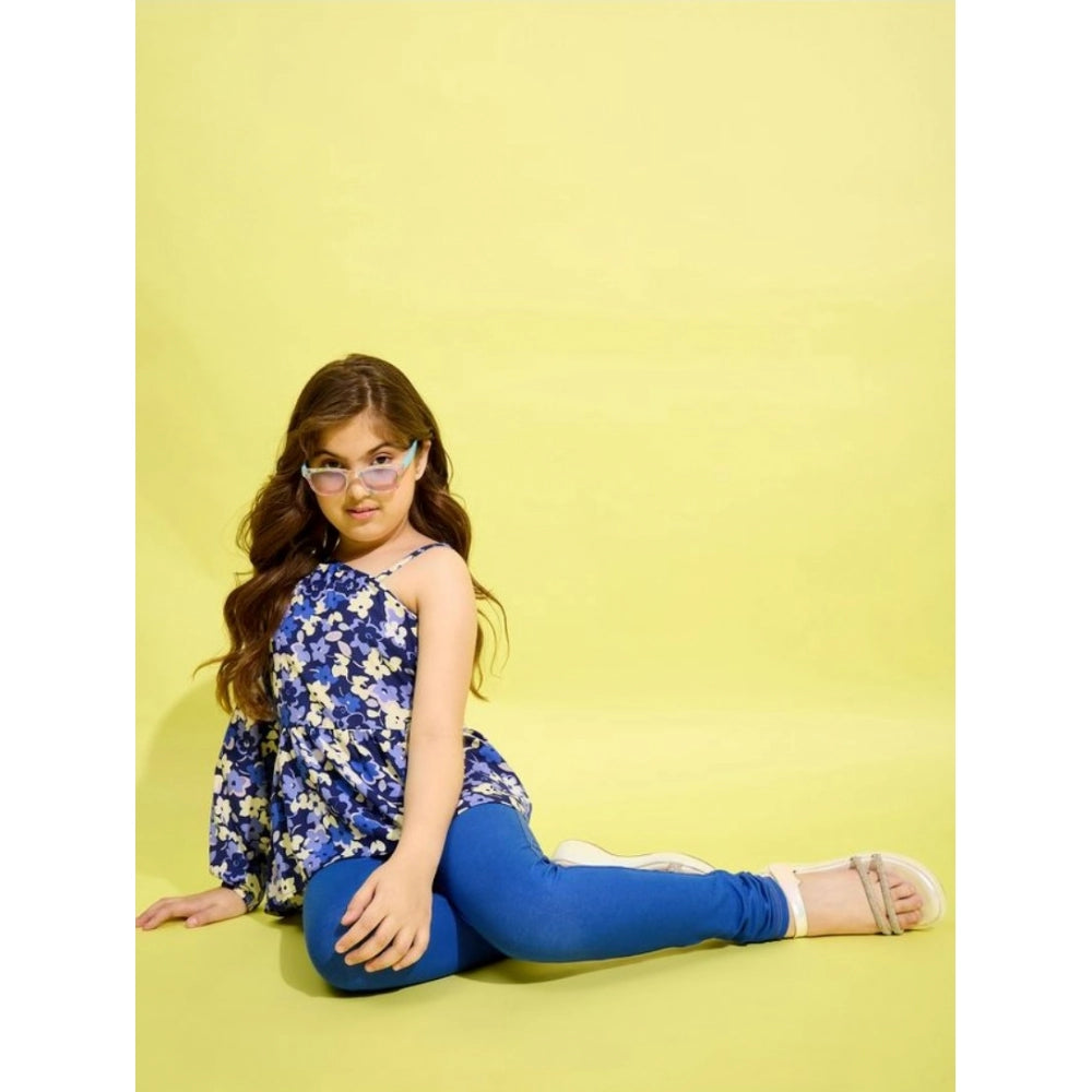 Girl's Polyester Floral One Shoulder Jeggings Set - Blue