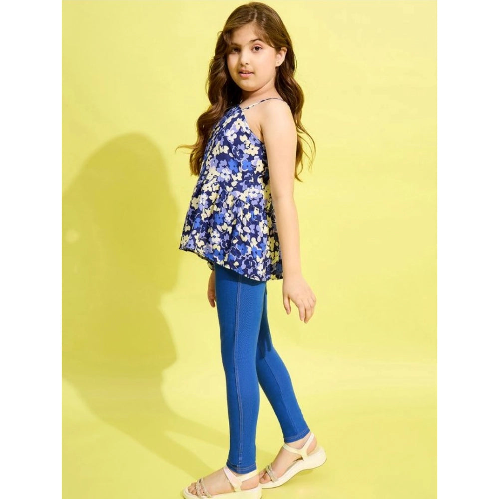 Girl's Polyester Floral One Shoulder Jeggings Set - Blue