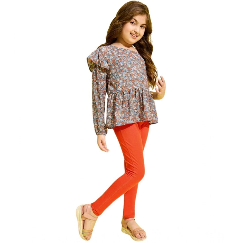 Girl's Polyester Floral One Shoulder Jeggings Set - Grey-Orange
