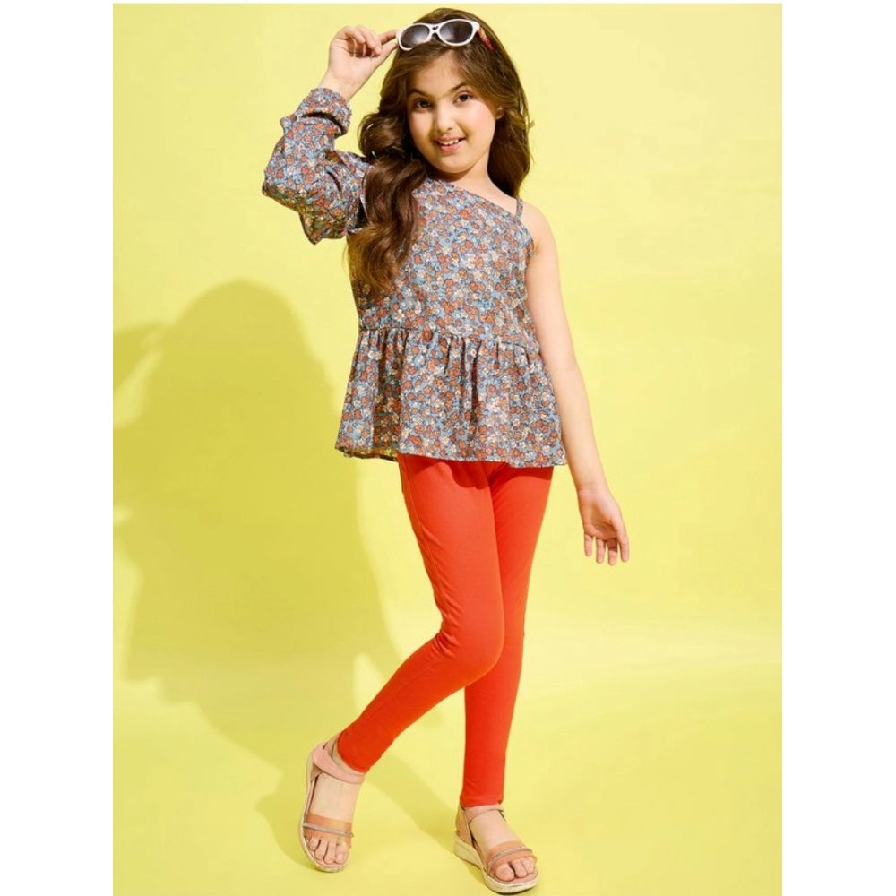 Girl's Polyester Floral One Shoulder Jeggings Set - Grey-Orange