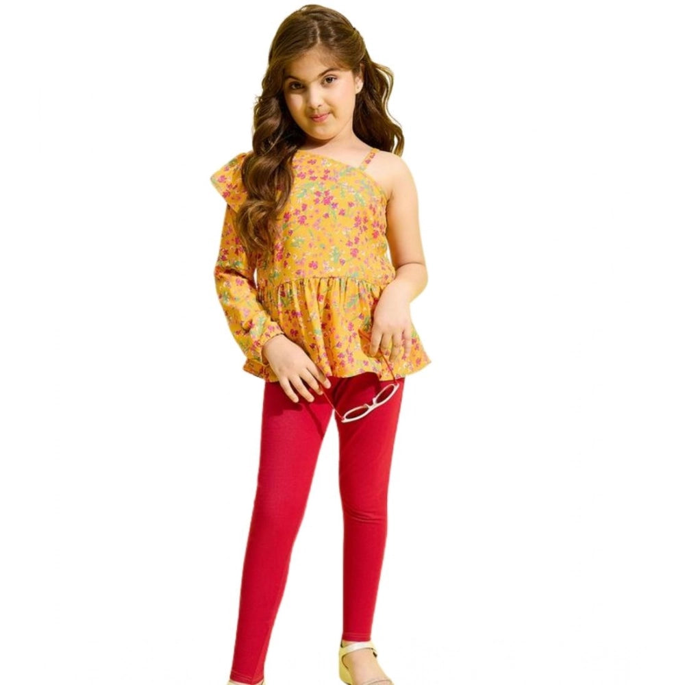 Girl's Polyester Floral One Shoulder Jeggings Set - Yellow-Red