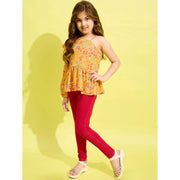 Girl's Polyester Floral One Shoulder Jeggings Set - Yellow-Red