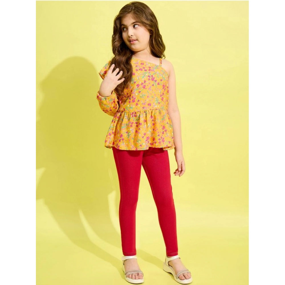 Girl's Polyester Floral One Shoulder Jeggings Set - Yellow-Red