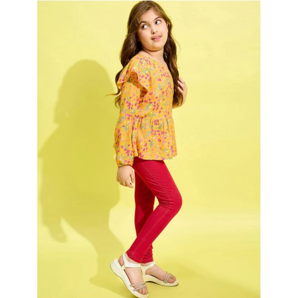 Girl's Polyester Floral One Shoulder Jeggings Set - Yellow-Red