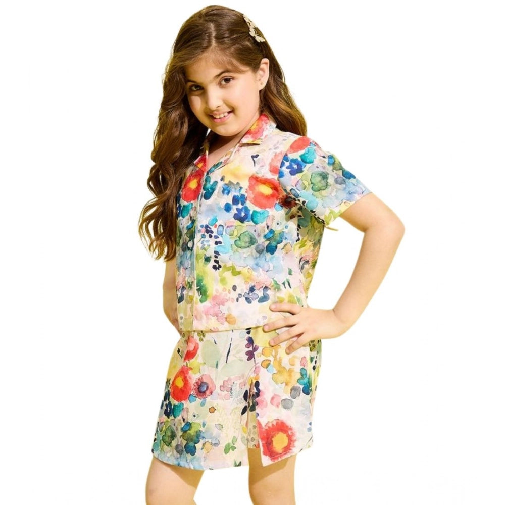 Girl's Polyester Cotton Blend Pattern-Floral Short Sleeves Skorts Set - Multicolor