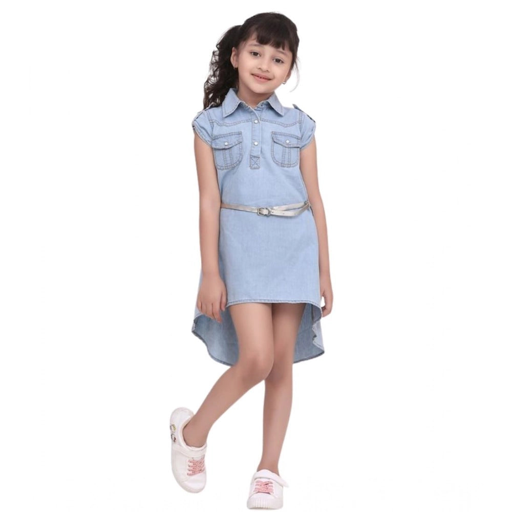 Girl's Denim Hi Lo Short Sleeve Dress with Belt - Blue