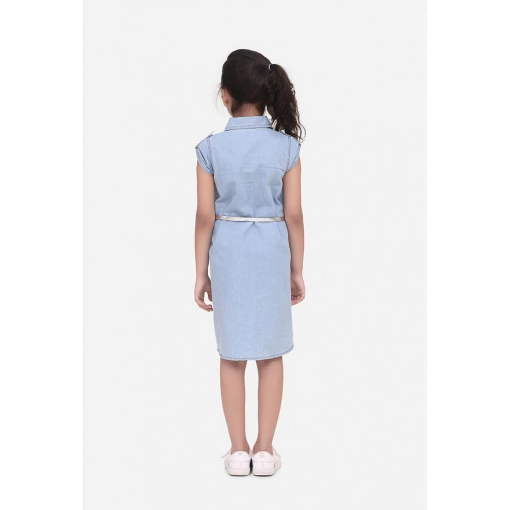 Girl's Denim Hi Lo Short Sleeve Dress with Belt - Blue