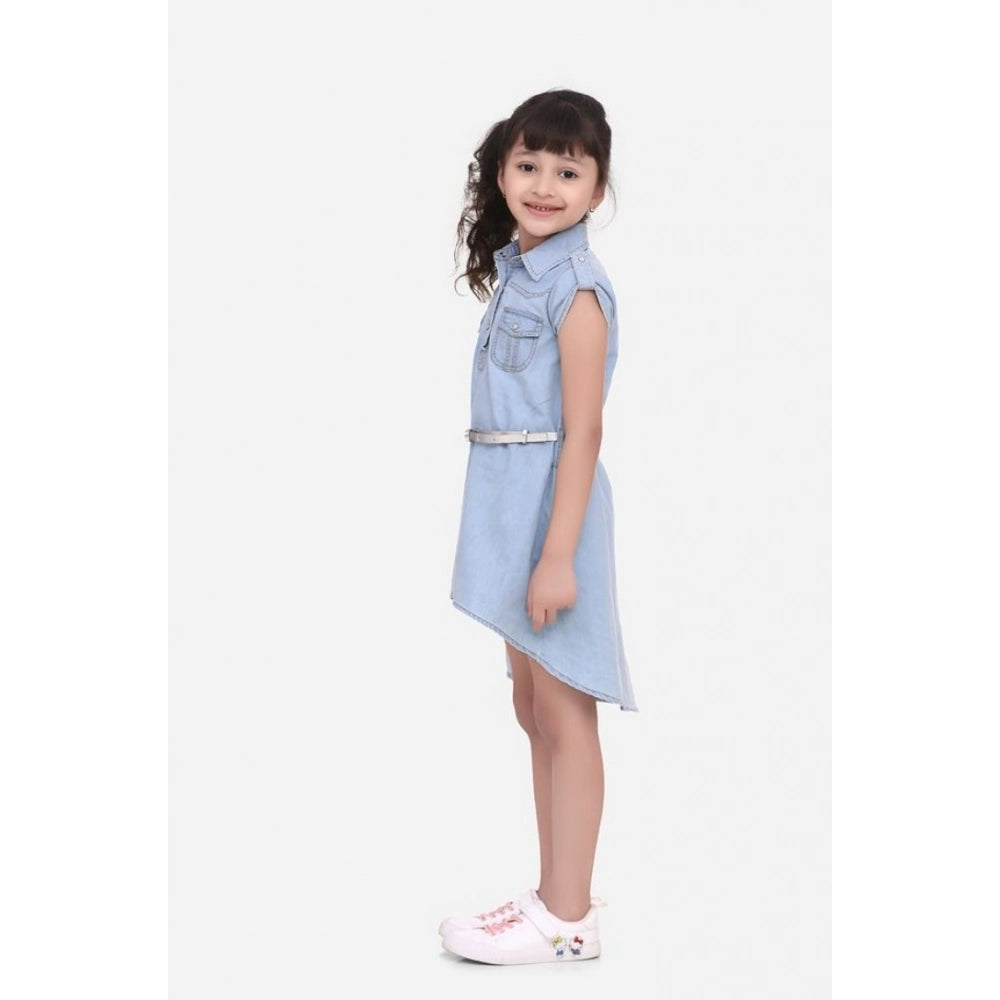 Girl's Denim Hi Lo Short Sleeve Dress with Belt - Blue