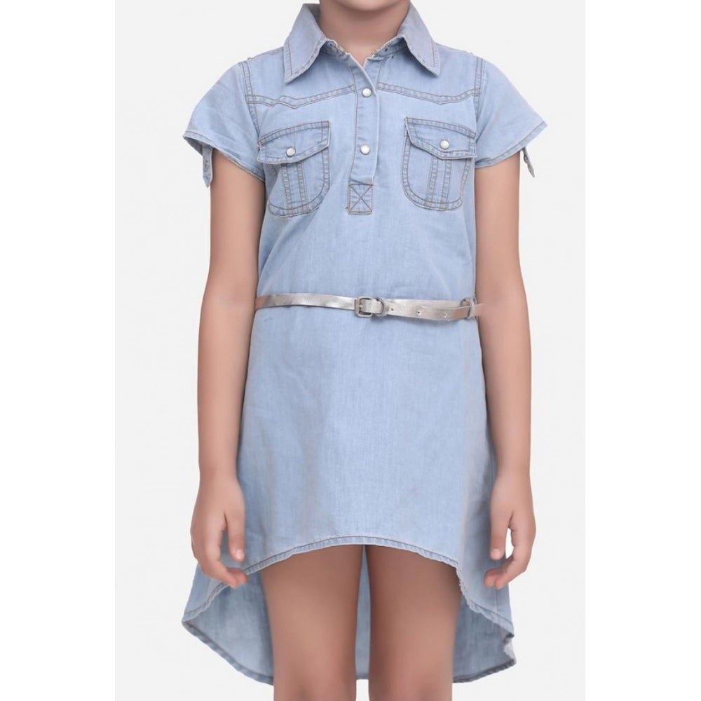 Girl's Denim Hi Lo Short Sleeve Dress with Belt - Blue