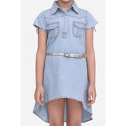Girl's Denim Hi Lo Short Sleeve Dress with Belt - Blue