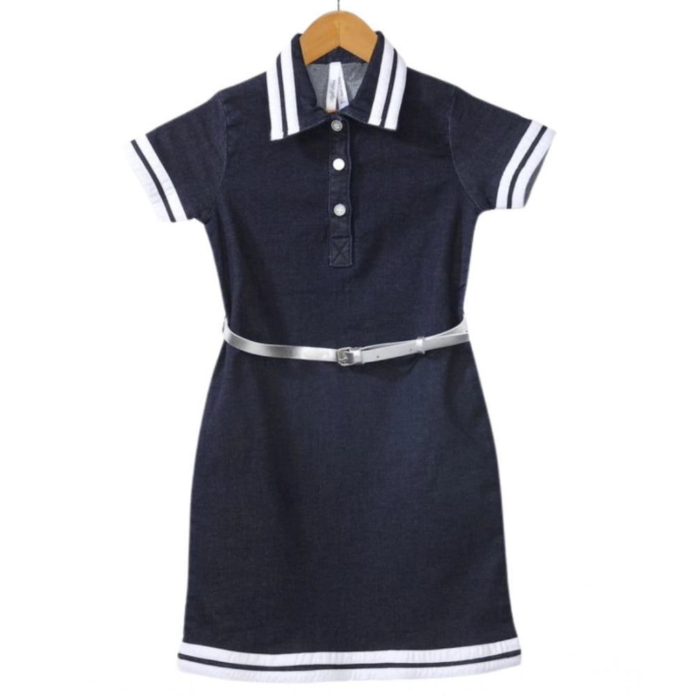 Girl's Denim Lycra Ribbed Elasticated Dress with Belt - Navy Blue-White