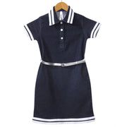 Girl's Denim Lycra Ribbed Elasticated Dress with Belt - Navy Blue-White