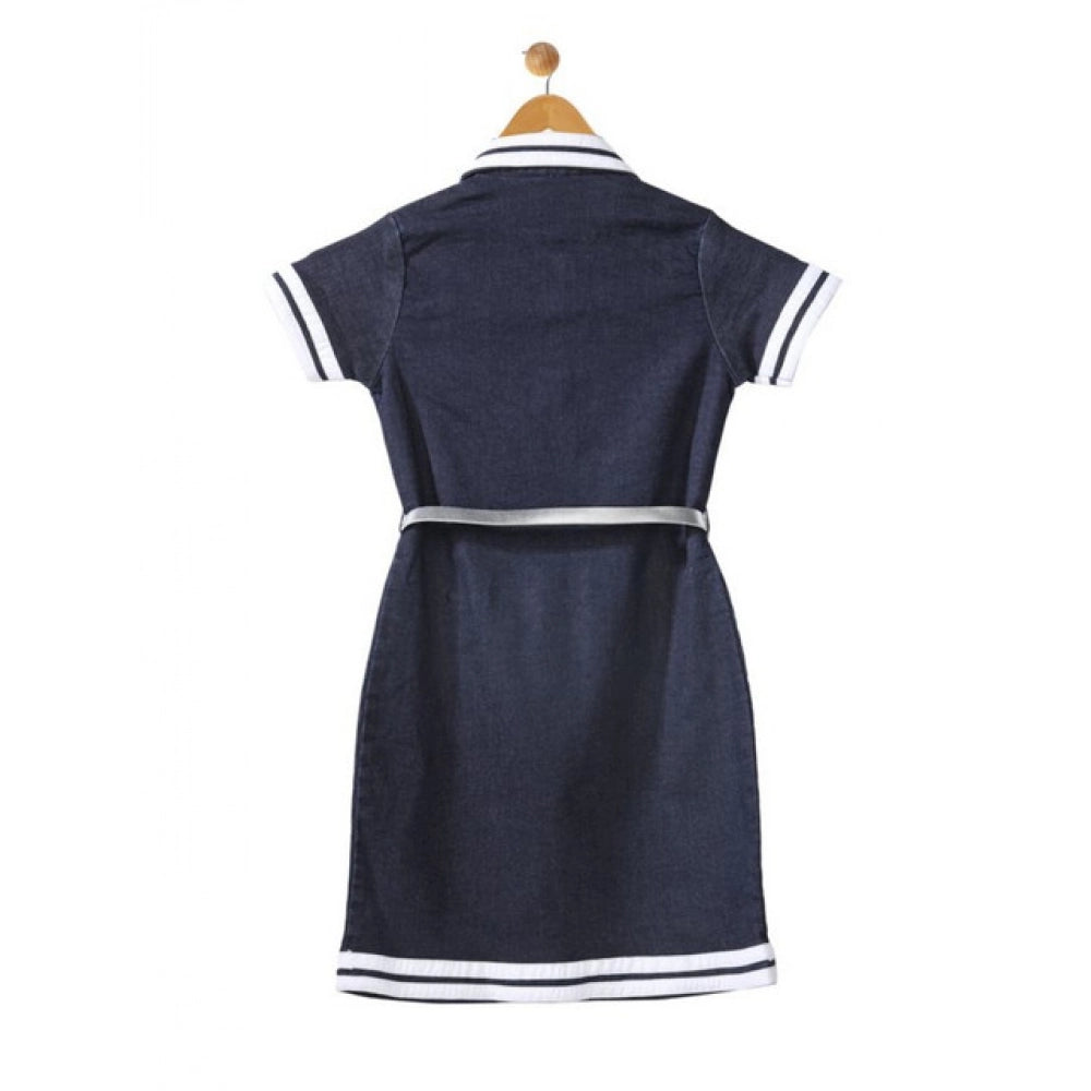 Girl's Denim Lycra Ribbed Elasticated Dress with Belt - Navy Blue-White