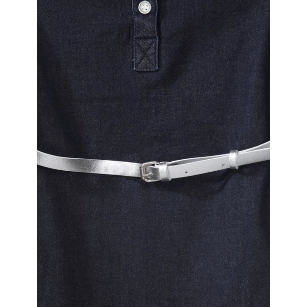 Girl's Denim Lycra Ribbed Elasticated Dress with Belt - Navy Blue-White