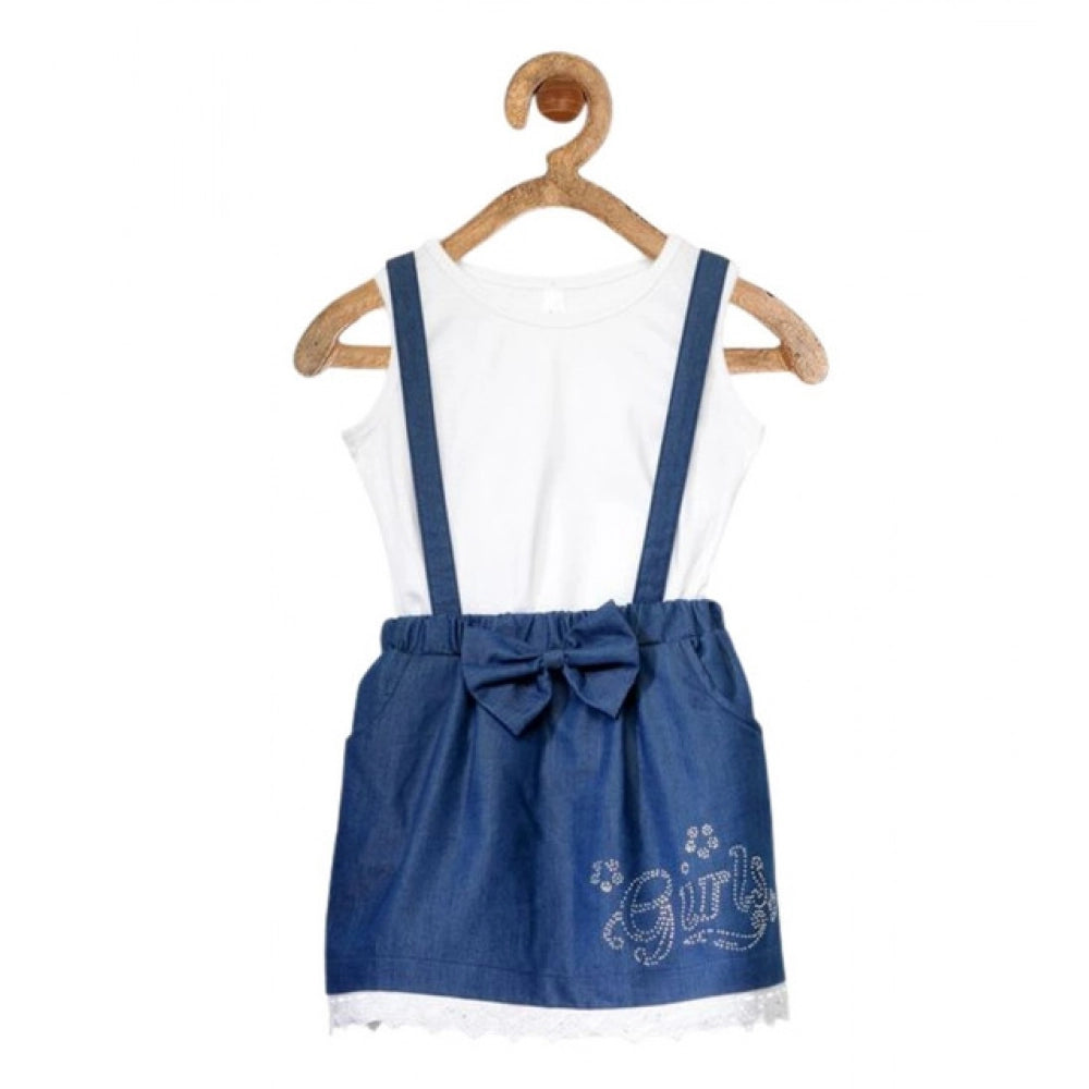 Girl's Denim Embellished Sleeveless Skirt with inner - Dark Blue
