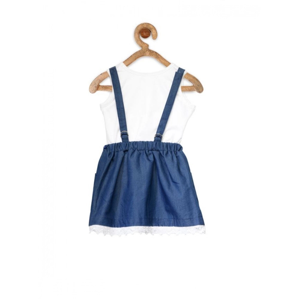 Girl's Denim Embellished Sleeveless Skirt with inner - Dark Blue