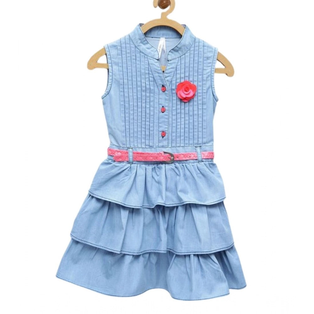 Girl's Denim Embellished Sleeveless Dress with Belt - Light Blue