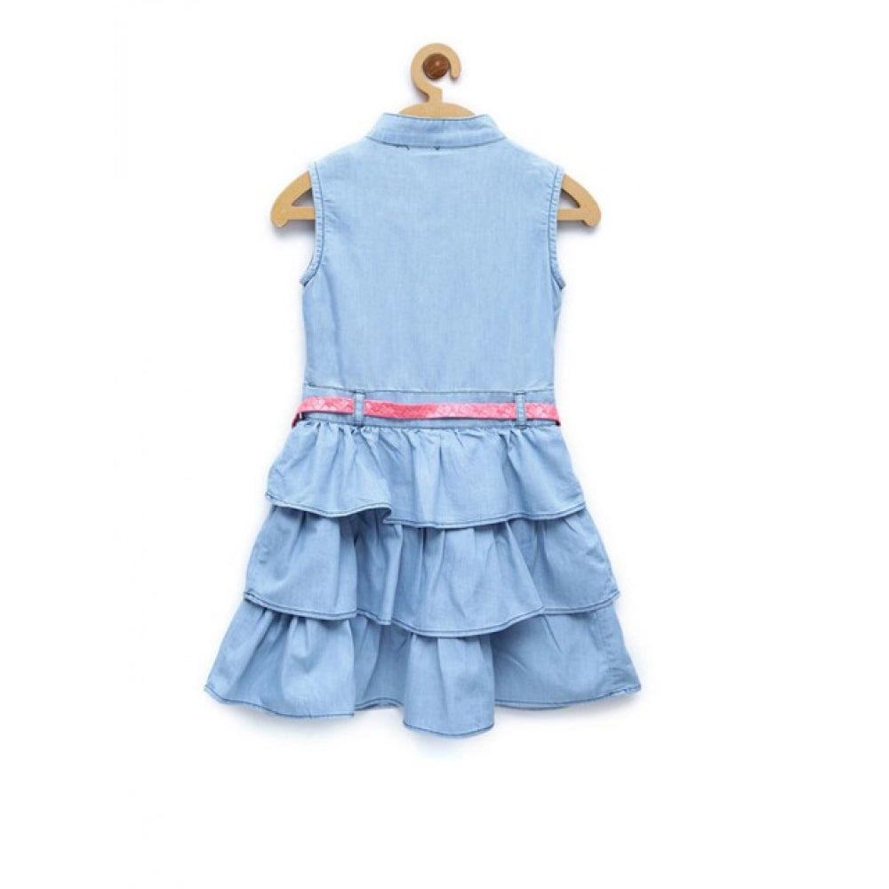 Girl's Denim Embellished Sleeveless Dress with Belt - Light Blue