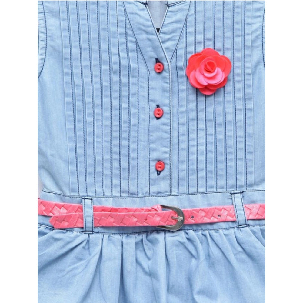 Girl's Denim Embellished Sleeveless Dress with Belt - Light Blue