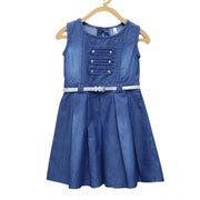 Girl's Denim Embellished Sleeveless Dress with Belt - Blue