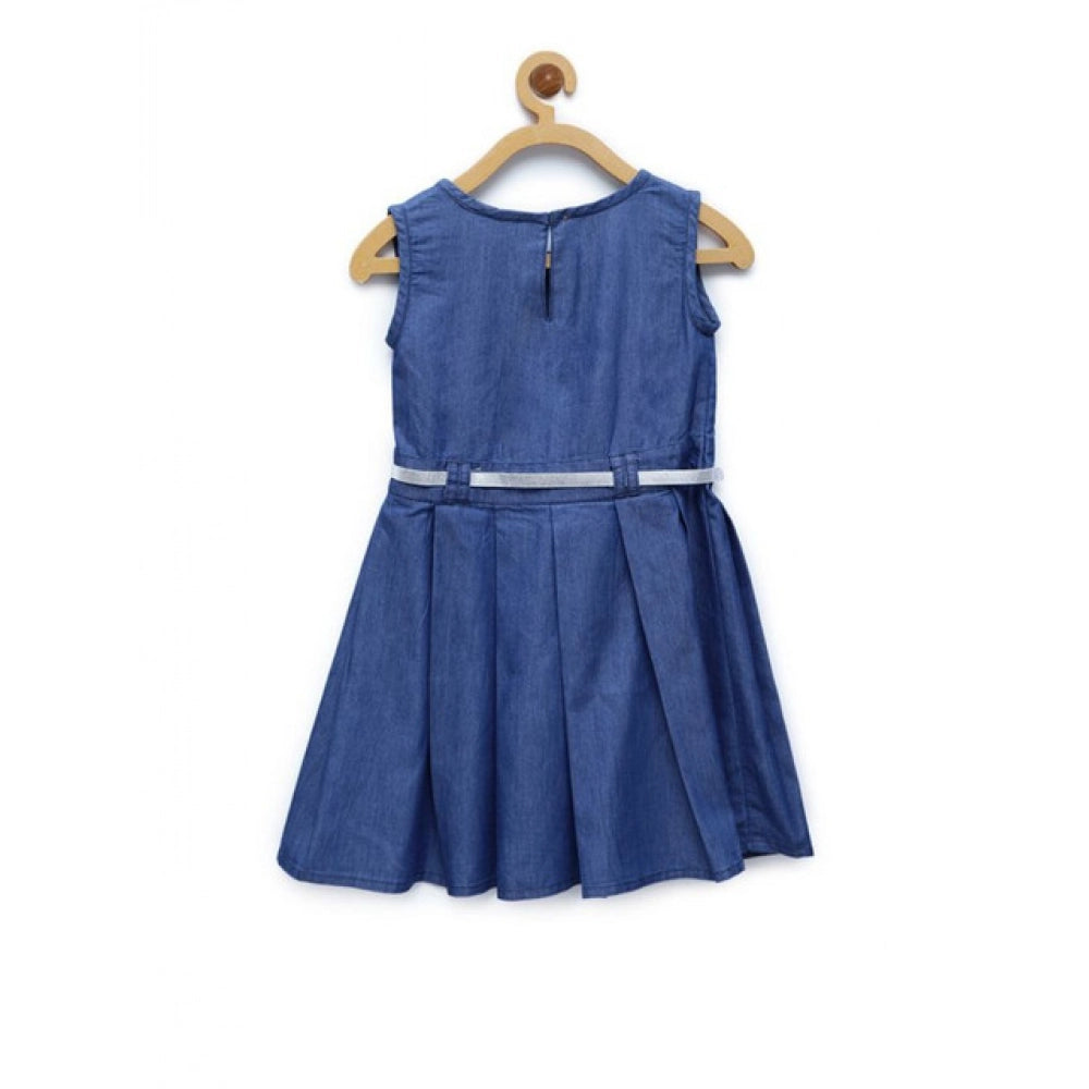 Girl's Denim Embellished Sleeveless Dress with Belt - Blue
