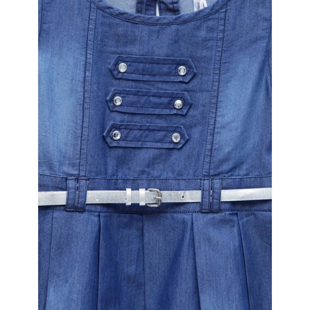 Girl's Denim Embellished Sleeveless Dress with Belt - Blue