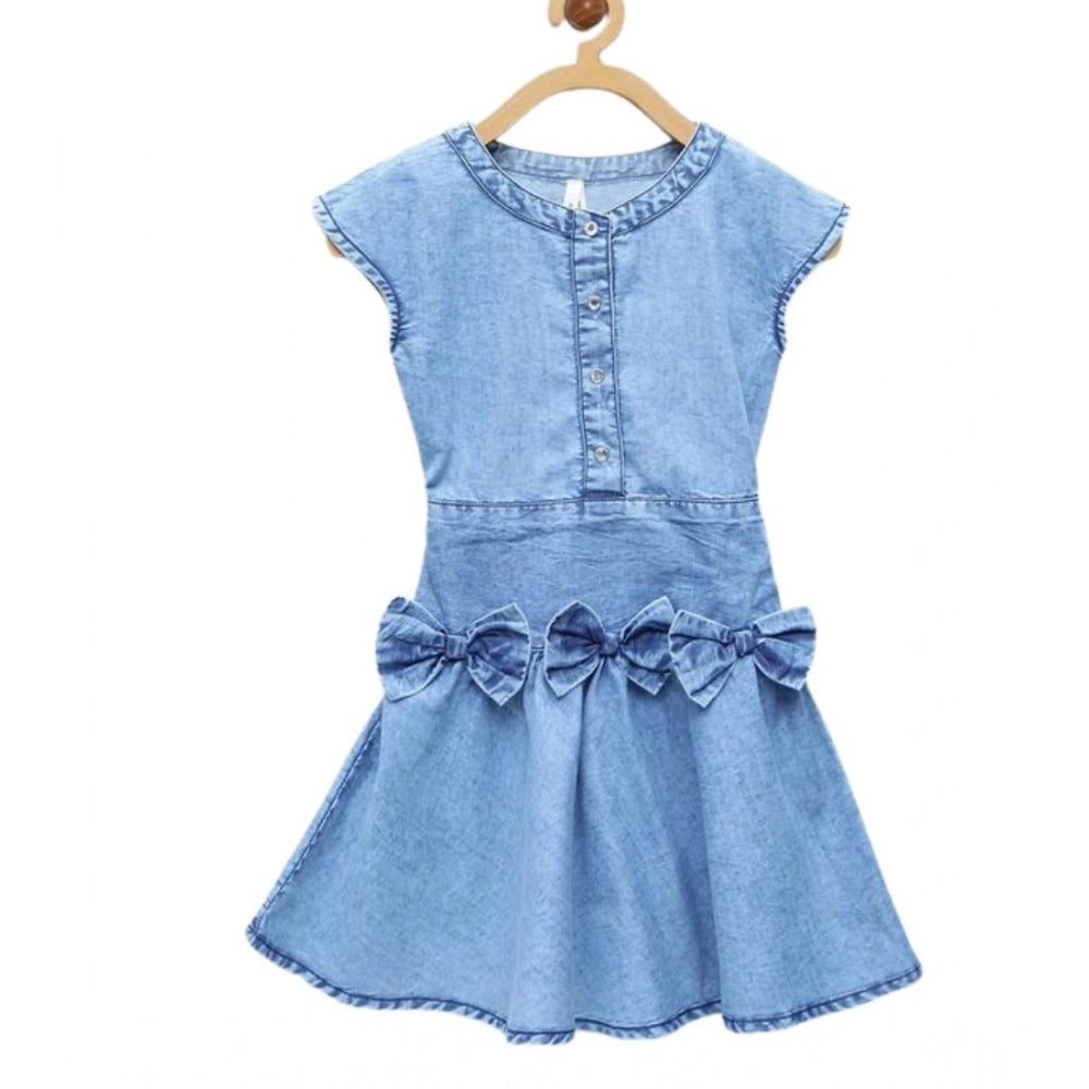 Girl's Denim Embellished Cap Sleeve bow Dress - Light Blue