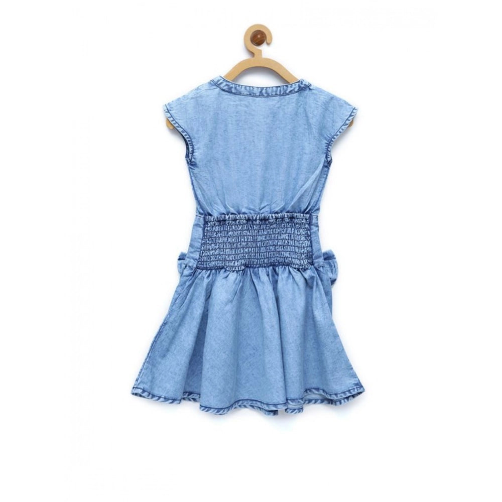 Girl's Denim Embellished Cap Sleeve bow Dress - Light Blue
