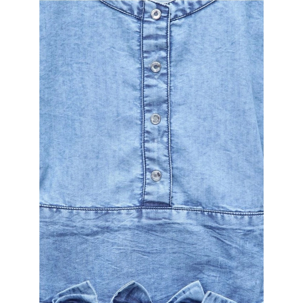 Girl's Denim Embellished Cap Sleeve bow Dress - Light Blue