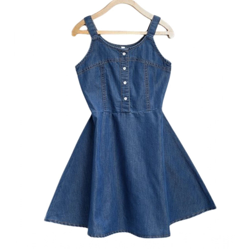 Girl's Denim Printed Short Sleeve Dress with Straps - Blue