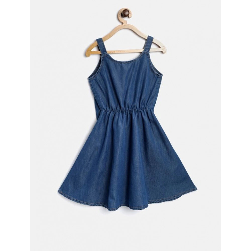 Girl's Denim Printed Short Sleeve Dress with Straps - Blue