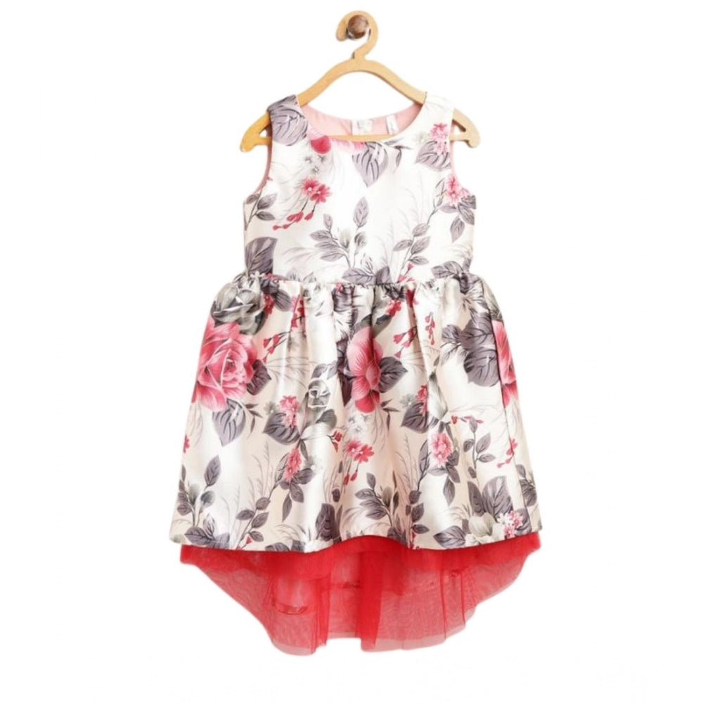 Girl's Polyester &amp; Net Inset Sleeveless Dress with Net Inset - Off White