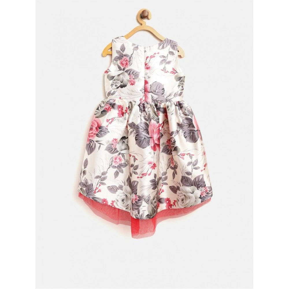 Girl's Polyester &amp; Net Inset Sleeveless Dress with Net Inset - Off White