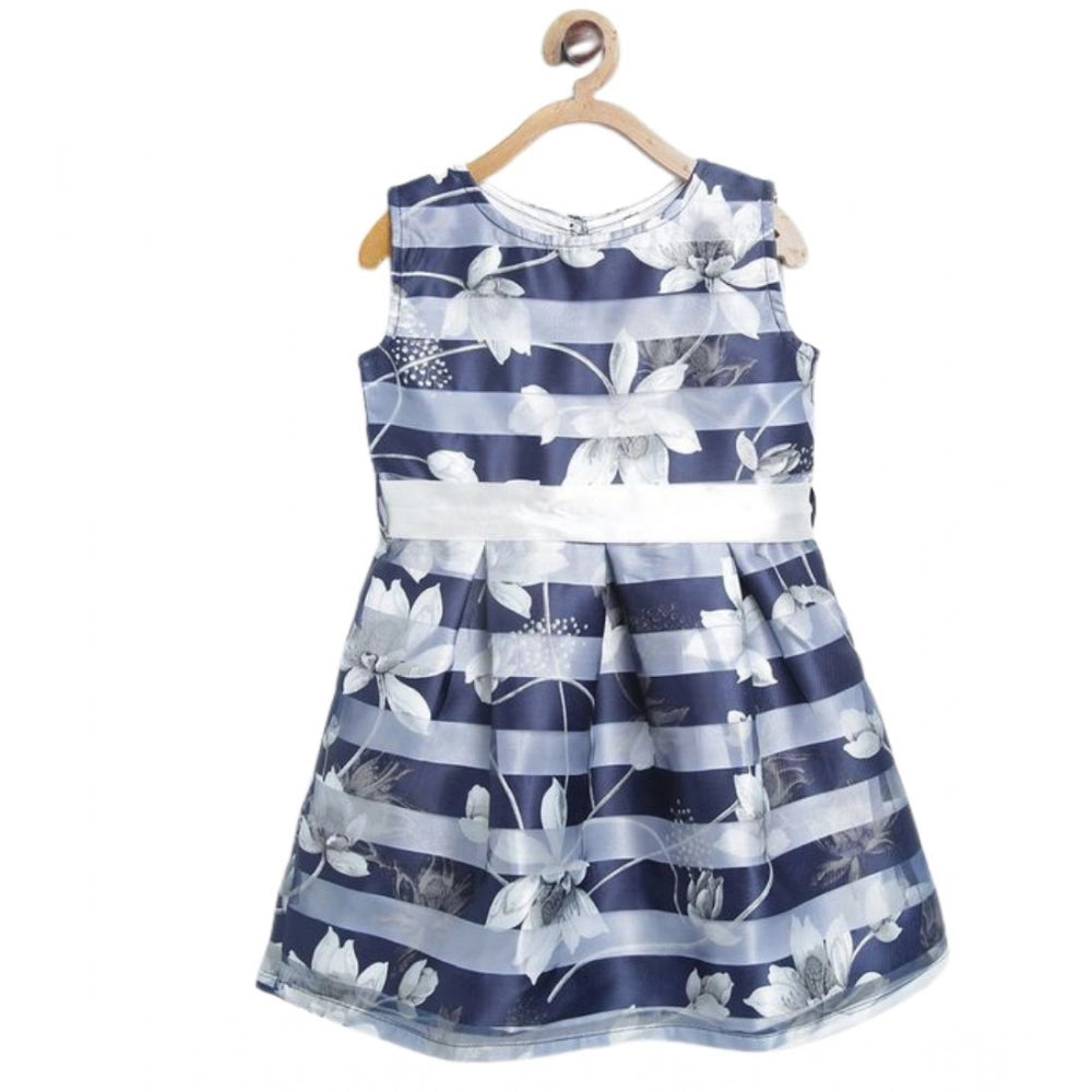 Girl's Polyester Striped Sleeveless Dress - Navy Blue