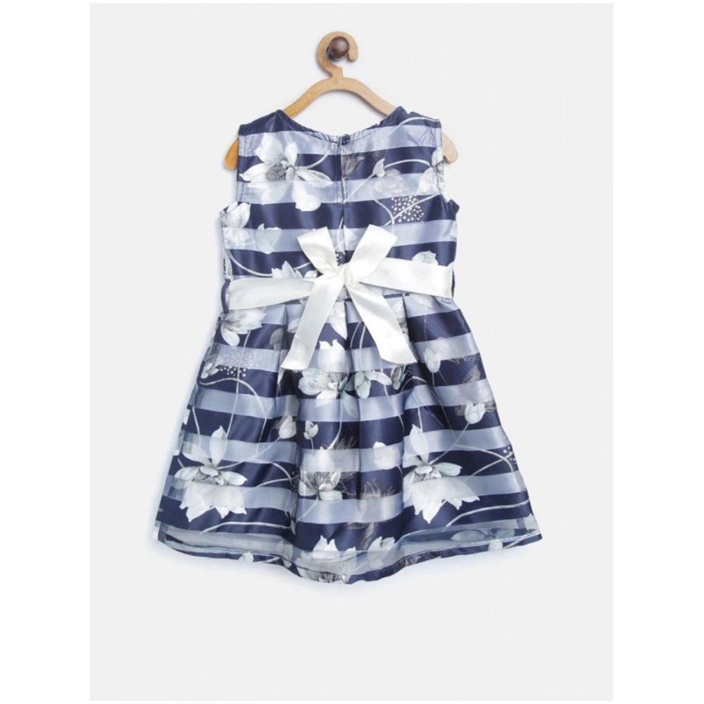 Girl's Polyester Striped Sleeveless Dress - Navy Blue