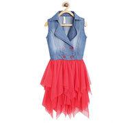Girl's Denim Roll Up Buttoned Dress - Blue-Red