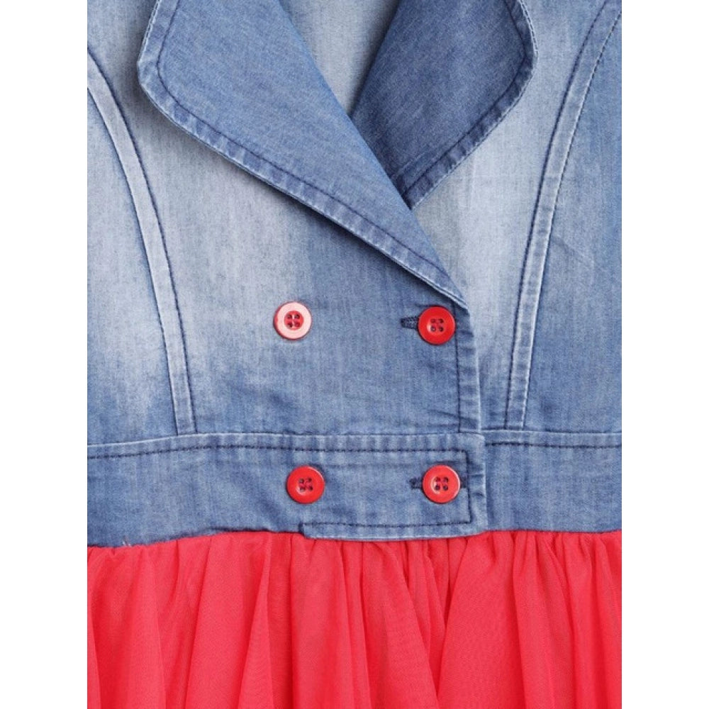 Girl's Denim Roll Up Buttoned Dress - Blue-Red