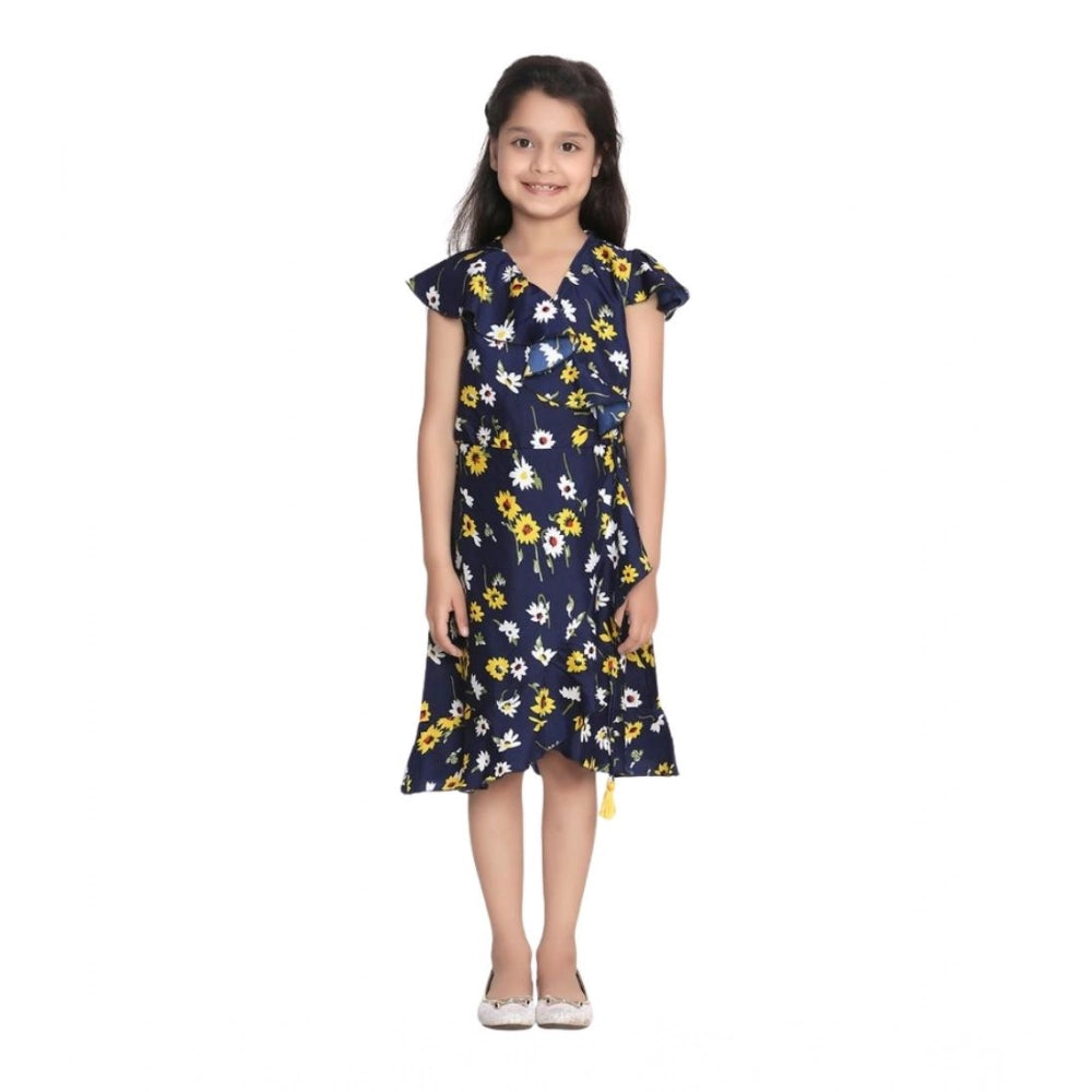 Girl's Polyester Crepe Polka Cold Shoulder Dress - Navy Blue