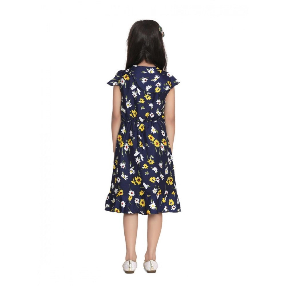 Girl's Polyester Crepe Polka Cold Shoulder Dress - Navy Blue