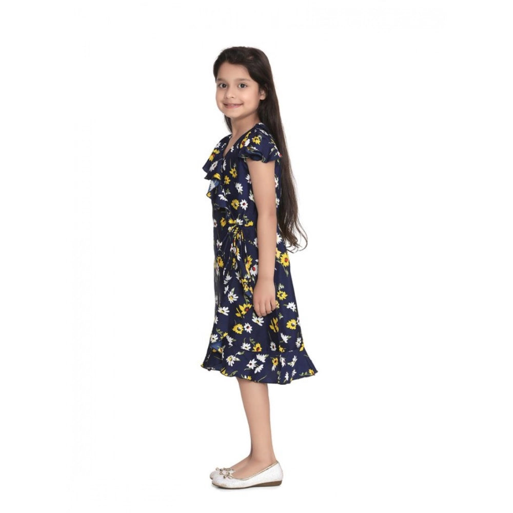 Girl's Polyester Crepe Polka Cold Shoulder Dress - Navy Blue