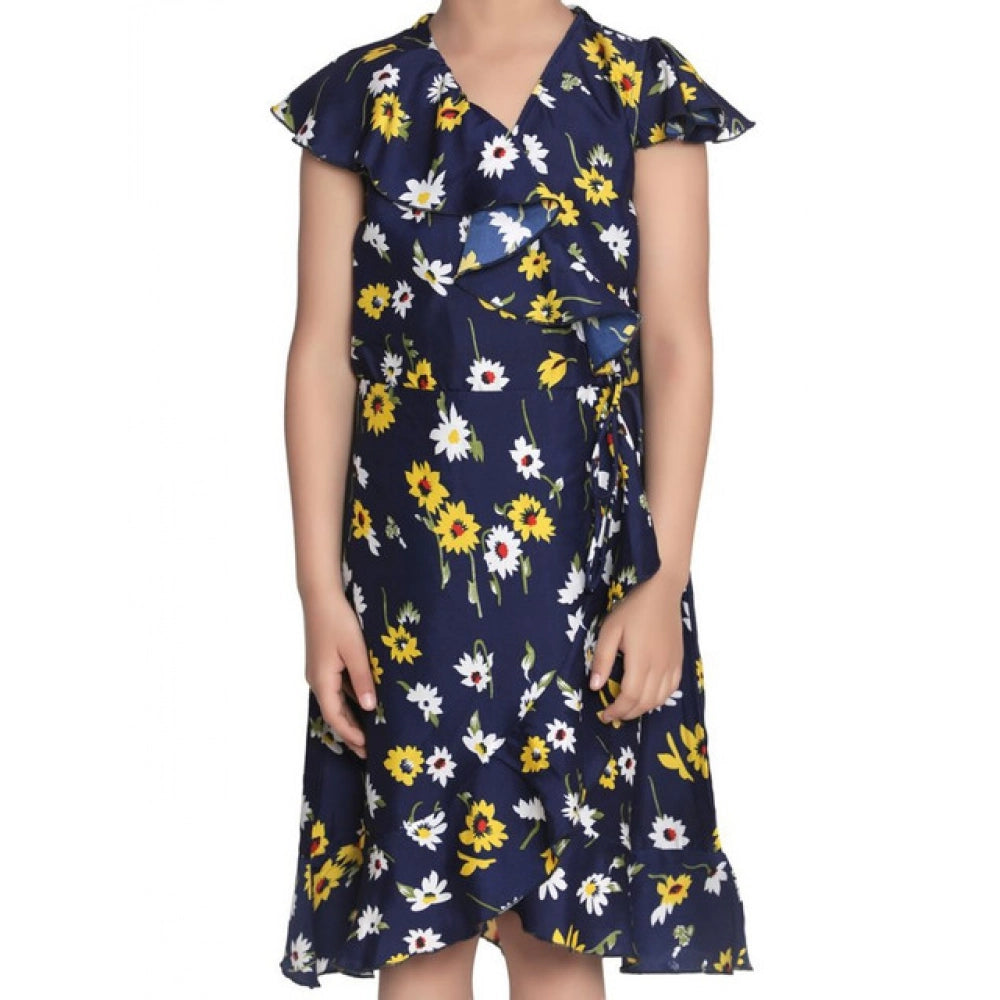 Girl's Polyester Crepe Polka Cold Shoulder Dress - Navy Blue