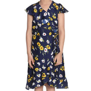 Girl's Polyester Crepe Polka Cold Shoulder Dress - Navy Blue