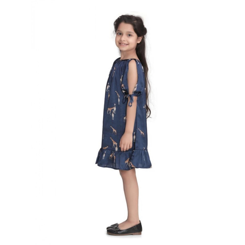 Girl's Satin Animal Print Sleeveless Dress - Blue