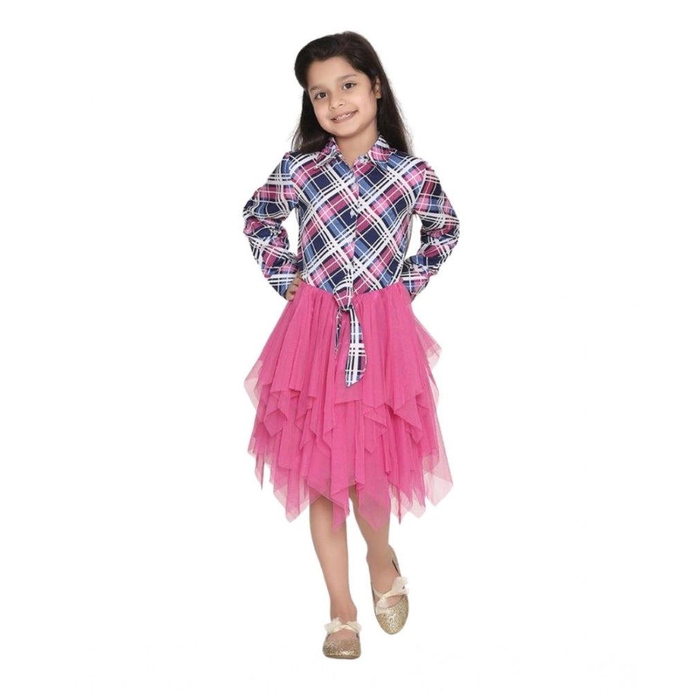 Girl's Polyster Crepe Lace Inserts Long Sleeves Dress - Pink-Blue