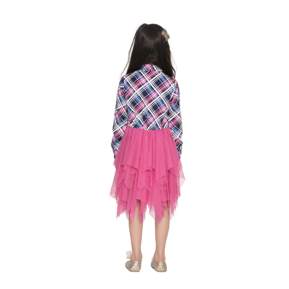 Girl's Polyster Crepe Lace Inserts Long Sleeves Dress - Pink-Blue