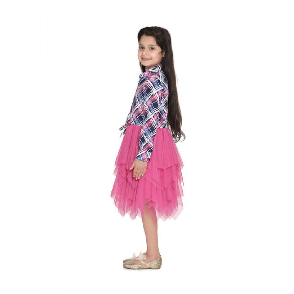 Girl's Polyster Crepe Lace Inserts Long Sleeves Dress - Pink-Blue