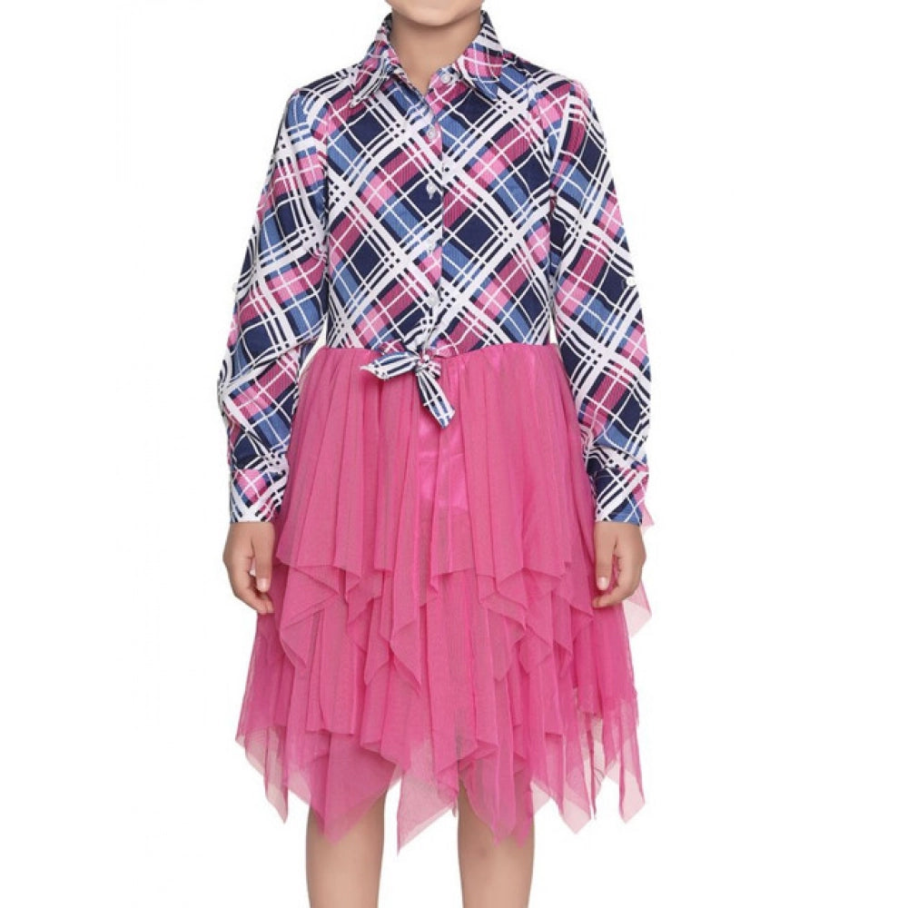 Girl's Polyster Crepe Lace Inserts Long Sleeves Dress - Pink-Blue