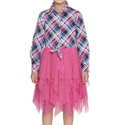 Girl's Polyster Crepe Lace Inserts Long Sleeves Dress - Pink-Blue