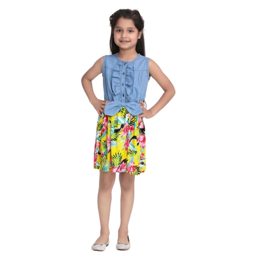 Girl's Denim Floral Sleeveless Dress - Blue-Yellow