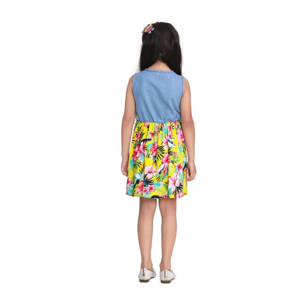 Girl's Denim Floral Sleeveless Dress - Blue-Yellow